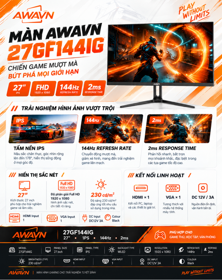 Màn hình AWAVN 27GF144IG 27 inch FHD IPS 144Hz